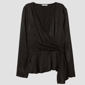 H&M Black Snake Jacquard Peplum Wrap Blouse V-Neck Tie Waist SZ 10